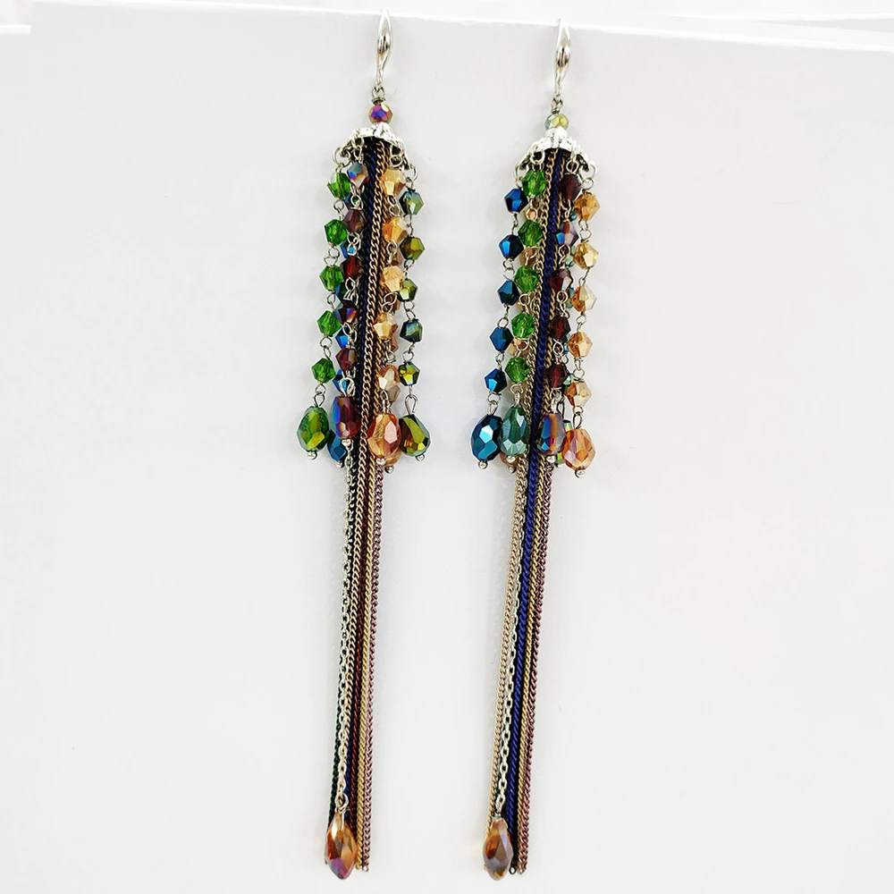 铜合金玻璃耳饰 民族风夸张长款手工流苏耳环1695