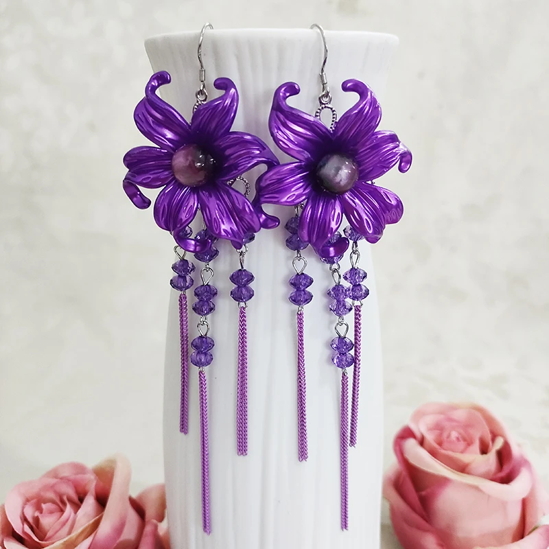 铜合金耳饰 民族风复古耳坠手工花儿流苏耳环1929