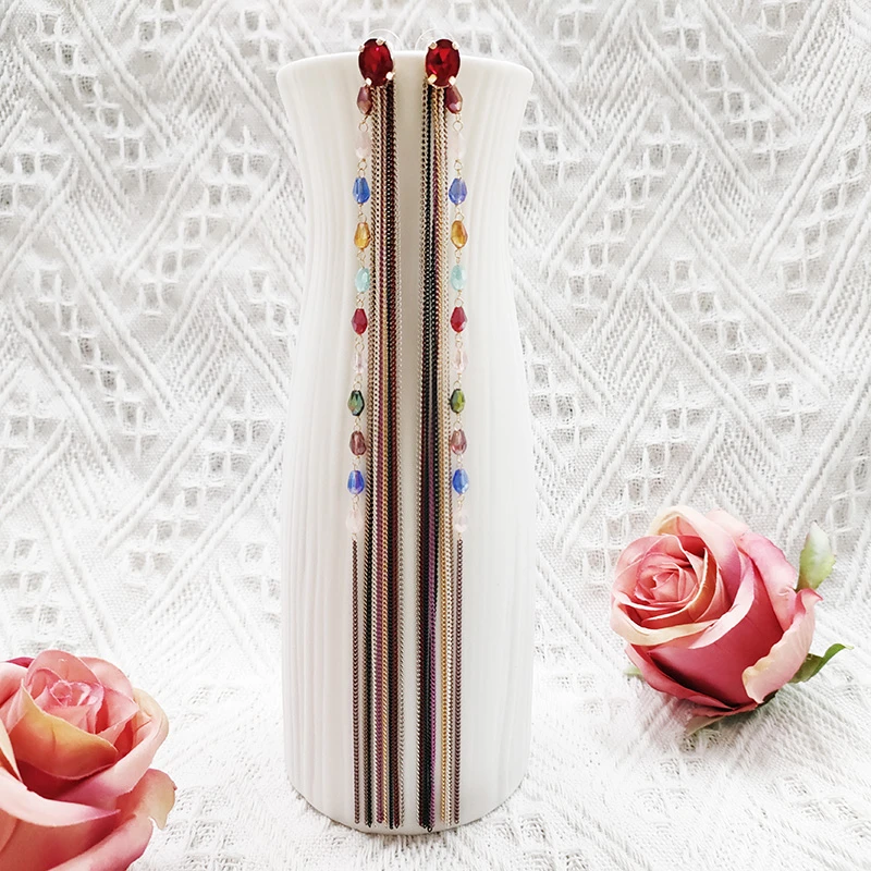 铜合金玻璃耳饰 民族风手工超长款流苏耳环635