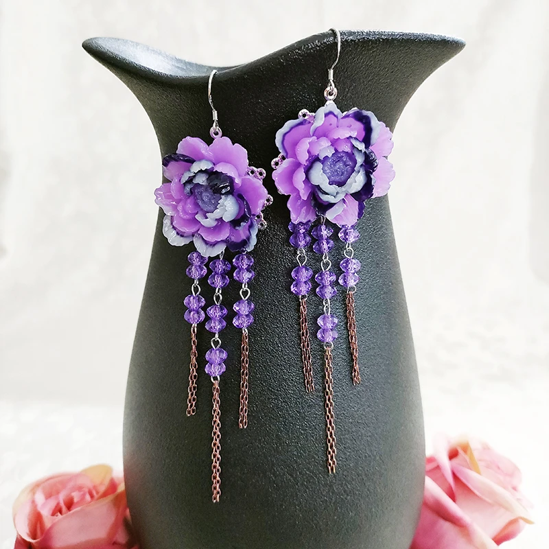 铜合金玻璃耳饰 民族风气质百搭花卉流苏耳环3524