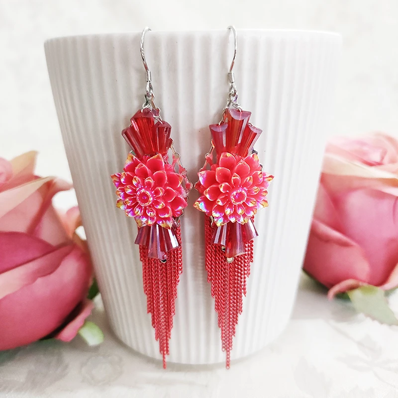 铜合金琉璃耳饰 民族风气质百搭花卉流苏耳环2891