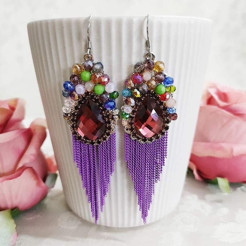 铜合金琉璃耳饰 民族风手工流苏耳环波西米亚长款编织耳饰426