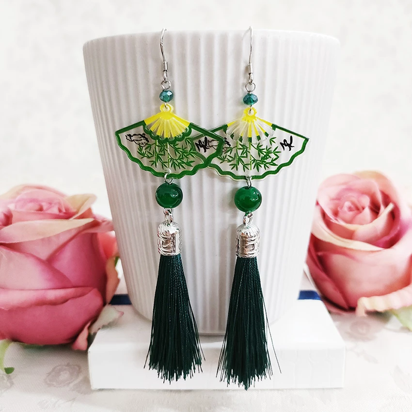 铜合金布艺耳饰 民族风纯手工气质古风扇形流苏耳环1102