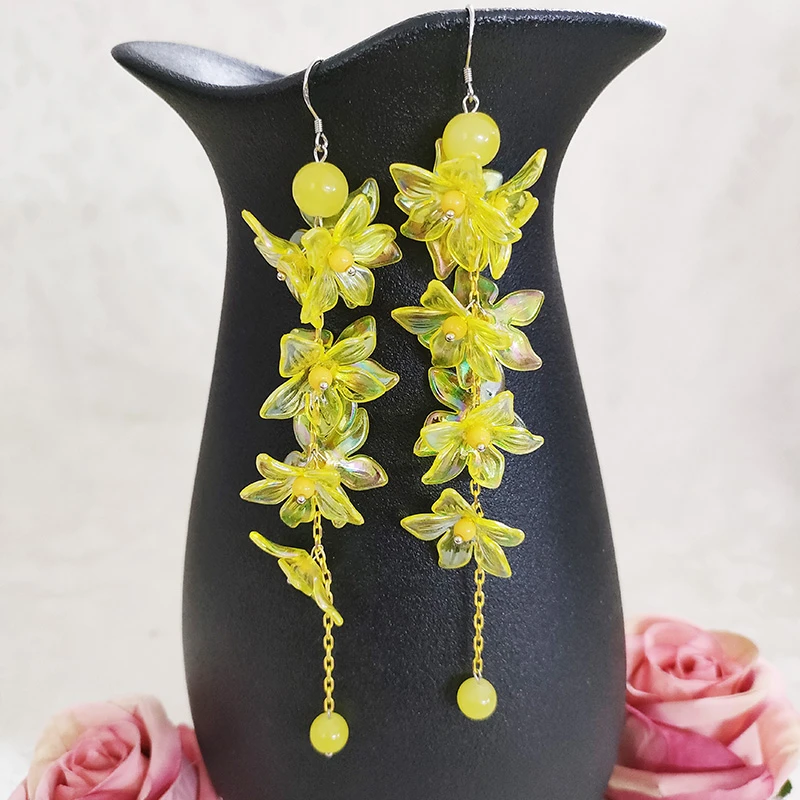 铜合金玻璃耳饰 民族风纯手工编织超长款气质花儿耳环1215