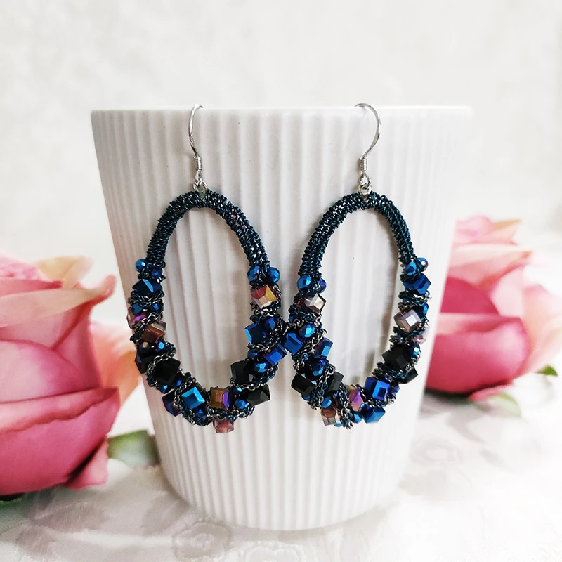 铜合金玻璃耳饰 民族风深蓝手工圈圈流苏耳环2727