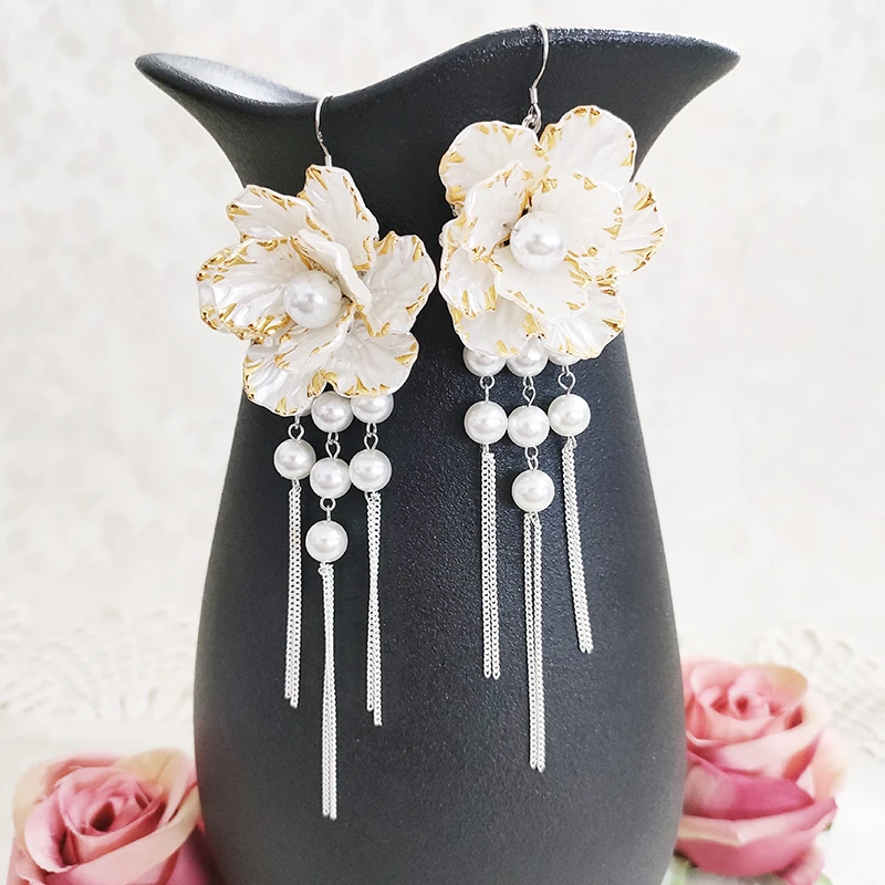 铜合金仿珍珠耳饰 民族风夸张气质花卉流苏耳坠耳环2346