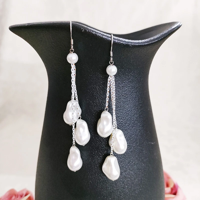 铜合金仿珍珠耳饰 民族风纯手工流苏吊坠耳环2465