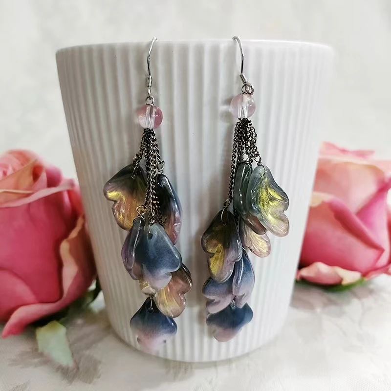 铜合金玻璃耳饰 民族风纯手工花瓣流苏耳环2456