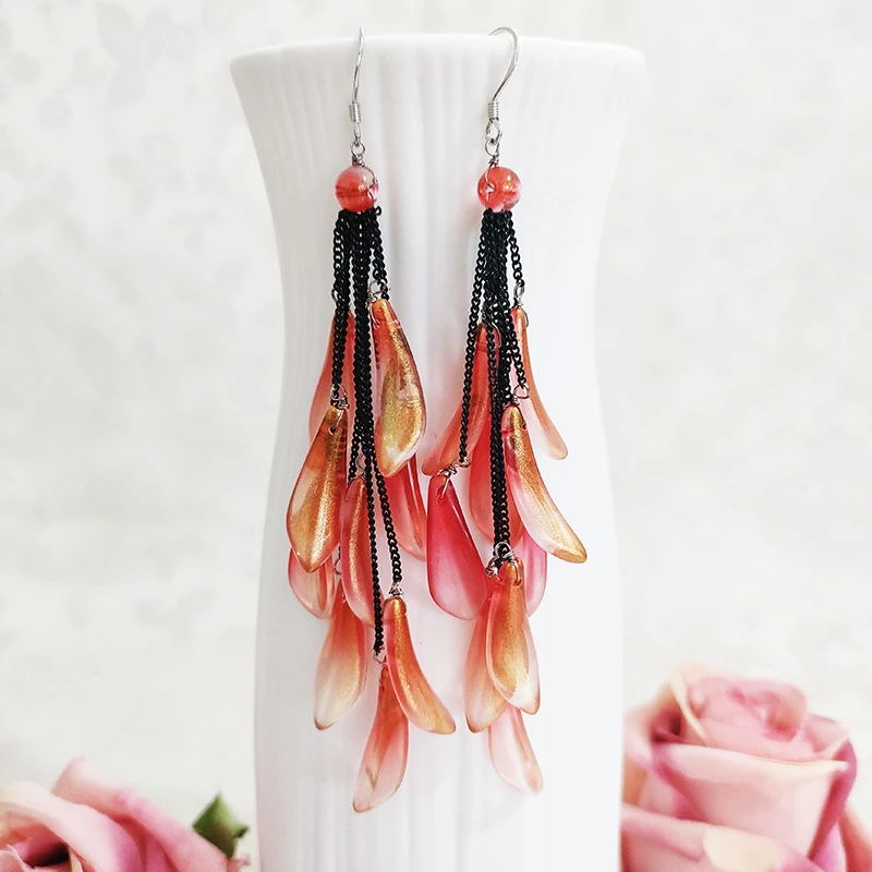 铜合金琉璃耳饰 民族风手工长款流苏吊坠耳环1149