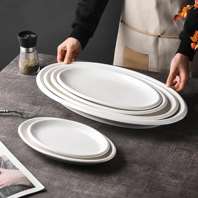 纯白陶瓷鱼盘蒸鱼盘子家用厚边椭圆形大号加厚款餐厅饭店酒店餐具