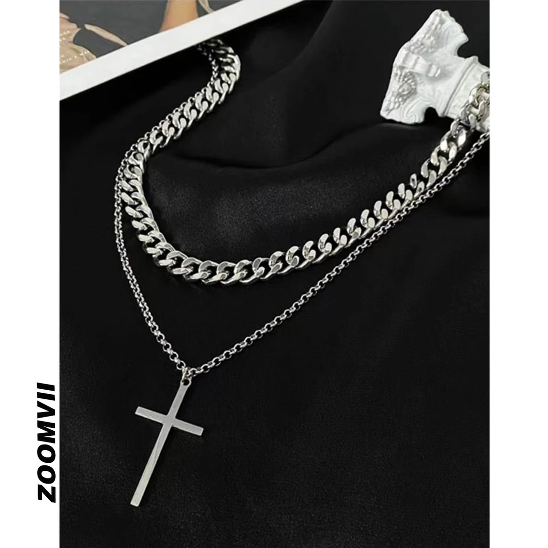 铁合金项链 ZOOMVII自制夏季T恤搭配古巴链十字架项链潮酷配饰