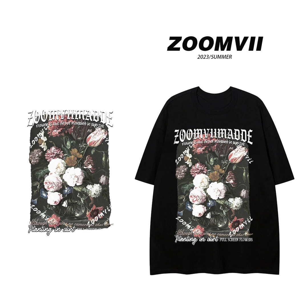 ZOOMVII夏季纯棉美式花卉复古圆领情侣男女同款印花大板中长款T恤