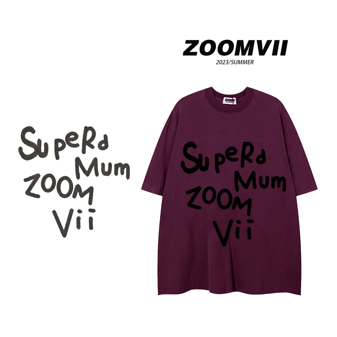 ZOOMVII夏季纯棉酱紫涂鸦字母发泡印花情侣宽松大板潮牌男女T恤