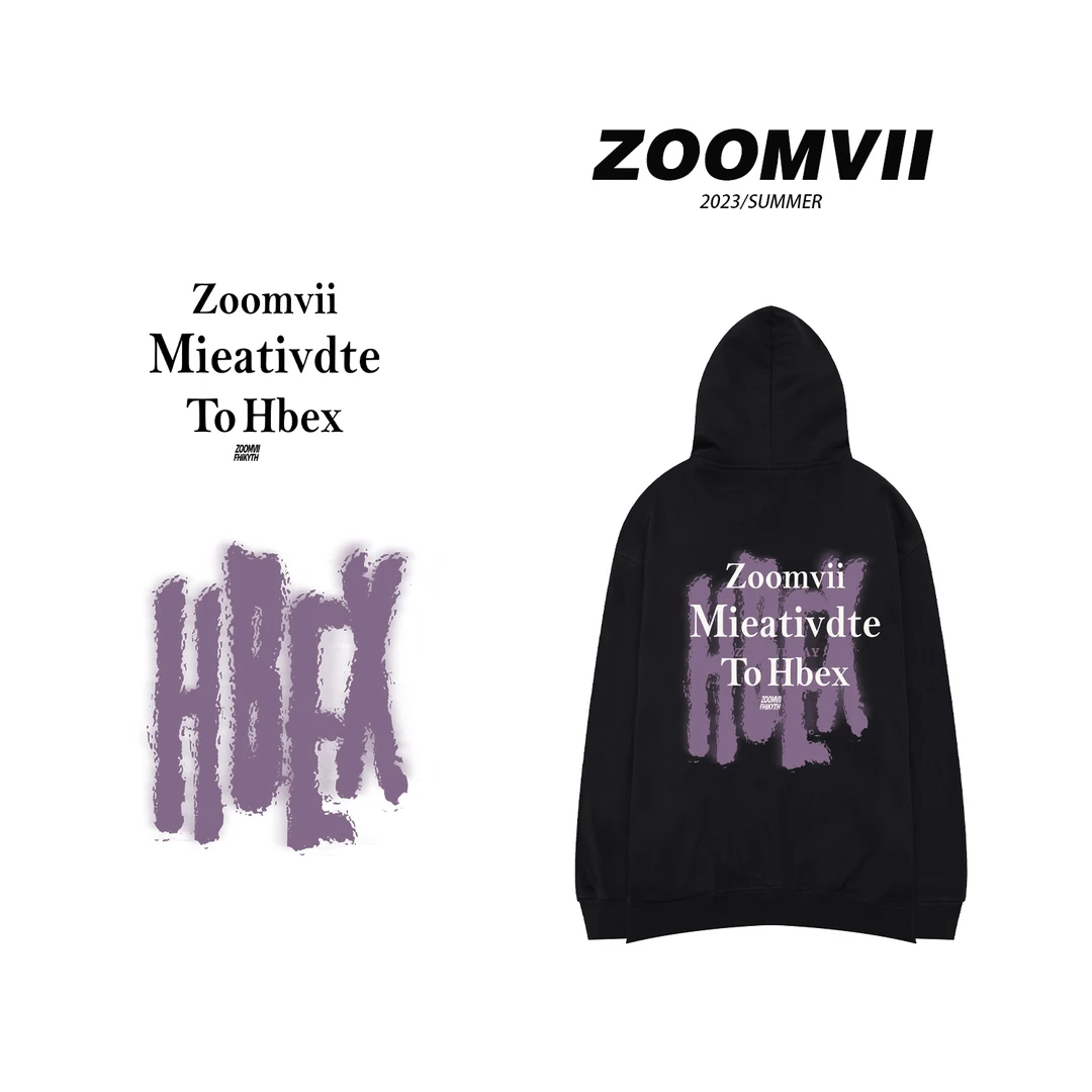 ZOOMVII2024秋冬连帽品牌联名刺绣印花套头侧缝袋中长款卫衣