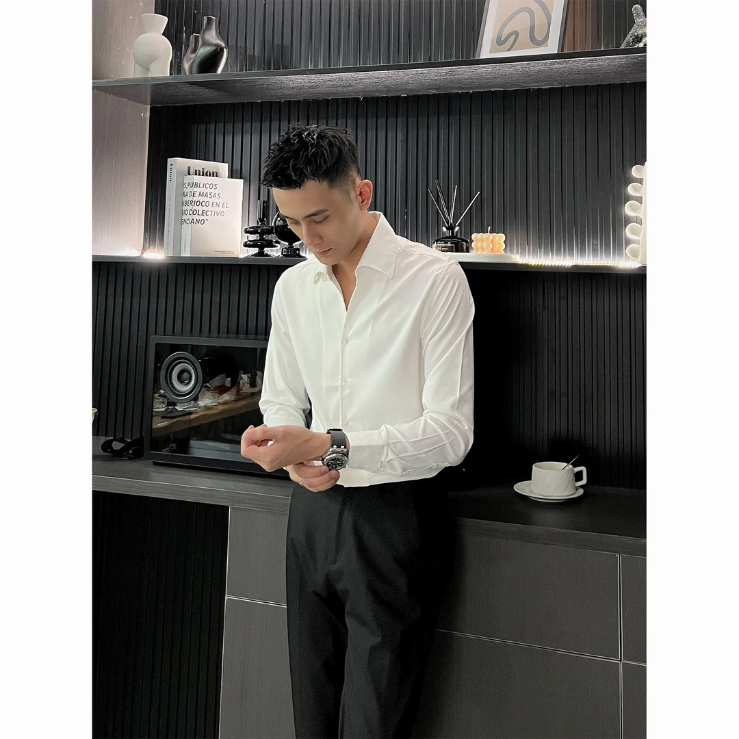 秋季新款长袖衬衫男纯色V领免烫英伦时尚丝滑垂感雅痞高级感寸衣