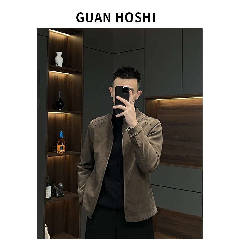 【冠什么希】秋季立领PU皮衣外套复古修身时尚潮流雅痞百搭时尚夹克