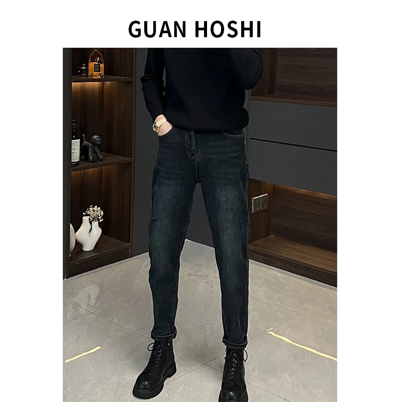 【冠什么希】冬季加厚加绒弹力牛仔裤纯色百搭高级感休闲长裤88312