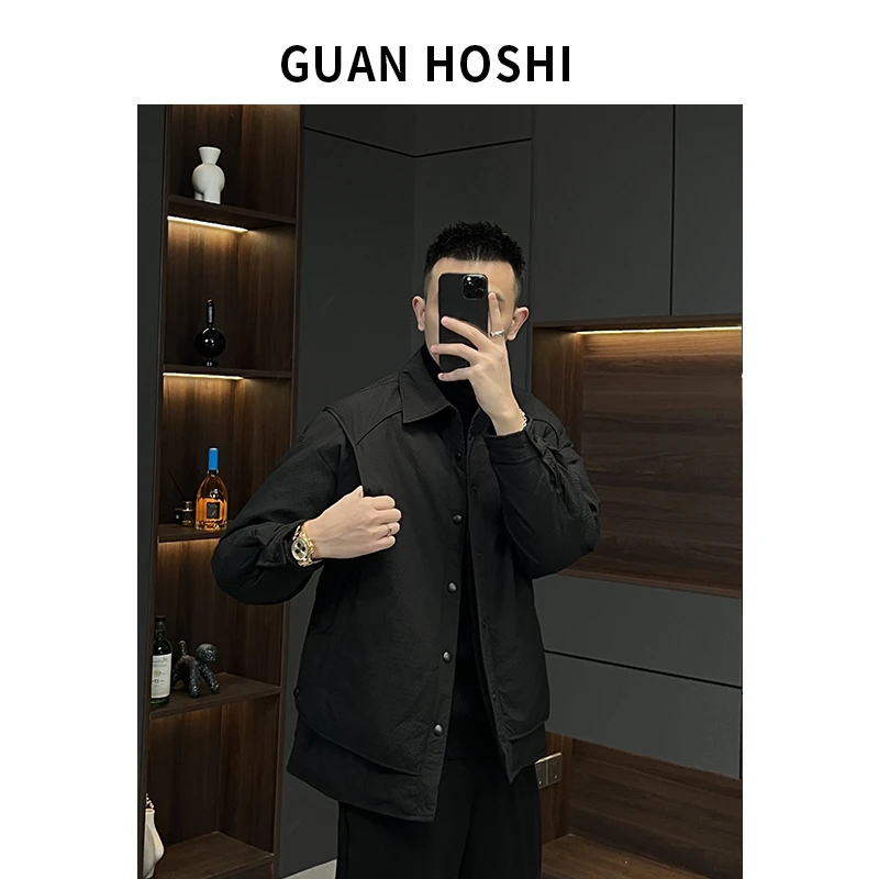 【冠什么希男装】冬季翻领假两件羽绒服老花工艺设计款户外宽松外套