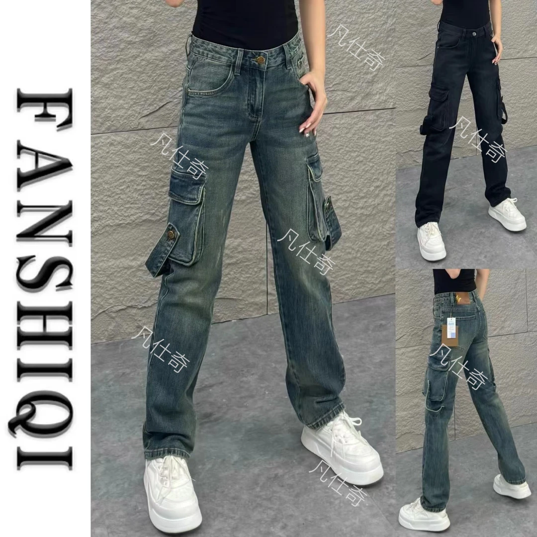 秋季新款男士高端工装设计黑色修身直筒牛仔裤时尚百搭潮流牛仔裤