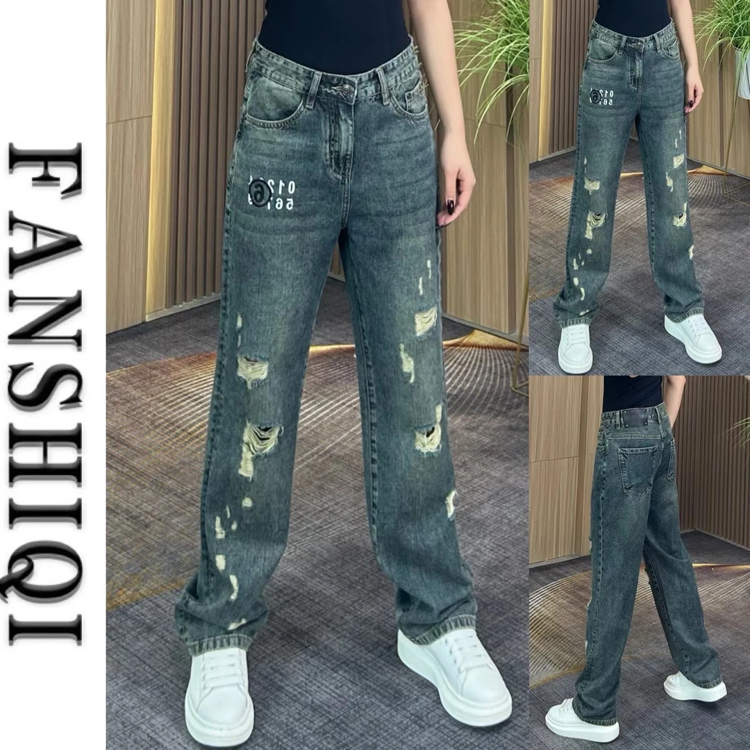 秋季高端男女同款破洞设计宽松直筒牛仔裤高腰大码阔腿休闲显瘦
