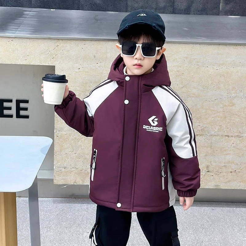 男童夹棉外套秋冬款2024新款儿童装夹棉冲锋衣男孩加厚连帽派克服
