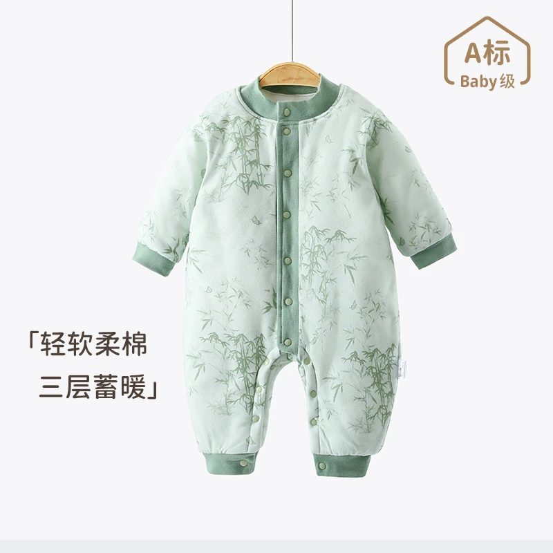 婴儿夹棉连体衣秋冬季加厚男女宝宝三层保暖新生儿卡通爬爬服哈衣