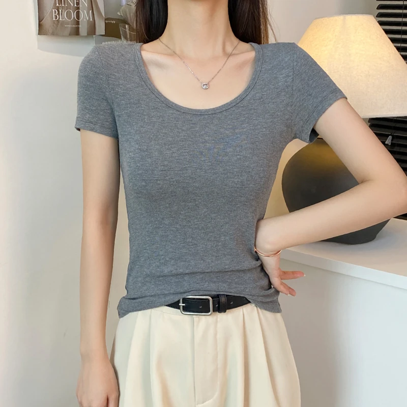 螺纹圆领正肩短袖t恤女夏季修身u领打底衫百搭低领显瘦半袖上衣潮