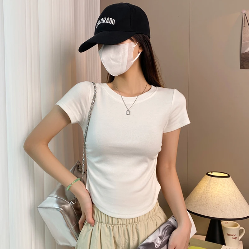 白色圆领正肩短袖t恤女夏季修身褶皱不规则纯色短款显瘦百搭上衣