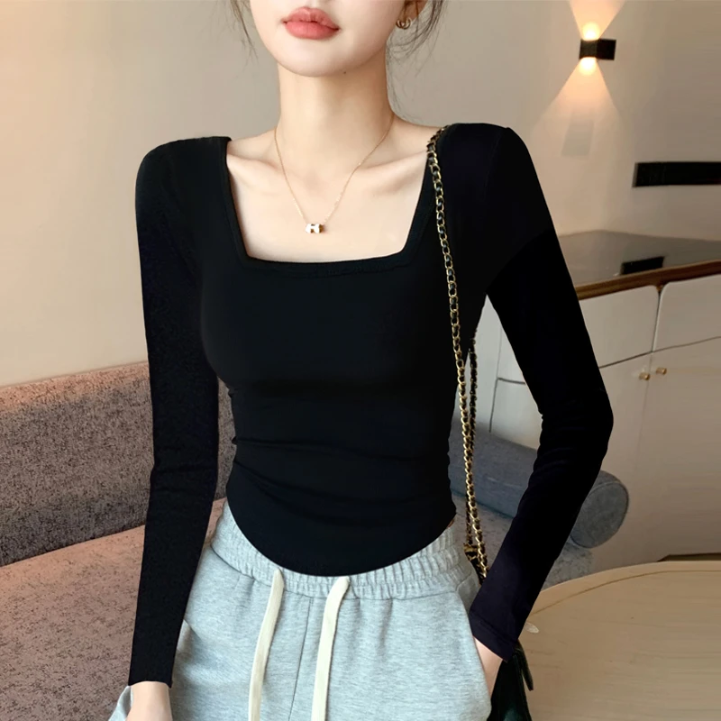 黑色方领弧形下摆长袖t恤女秋冬双面绒打底衫内搭加厚紧身u领上衣