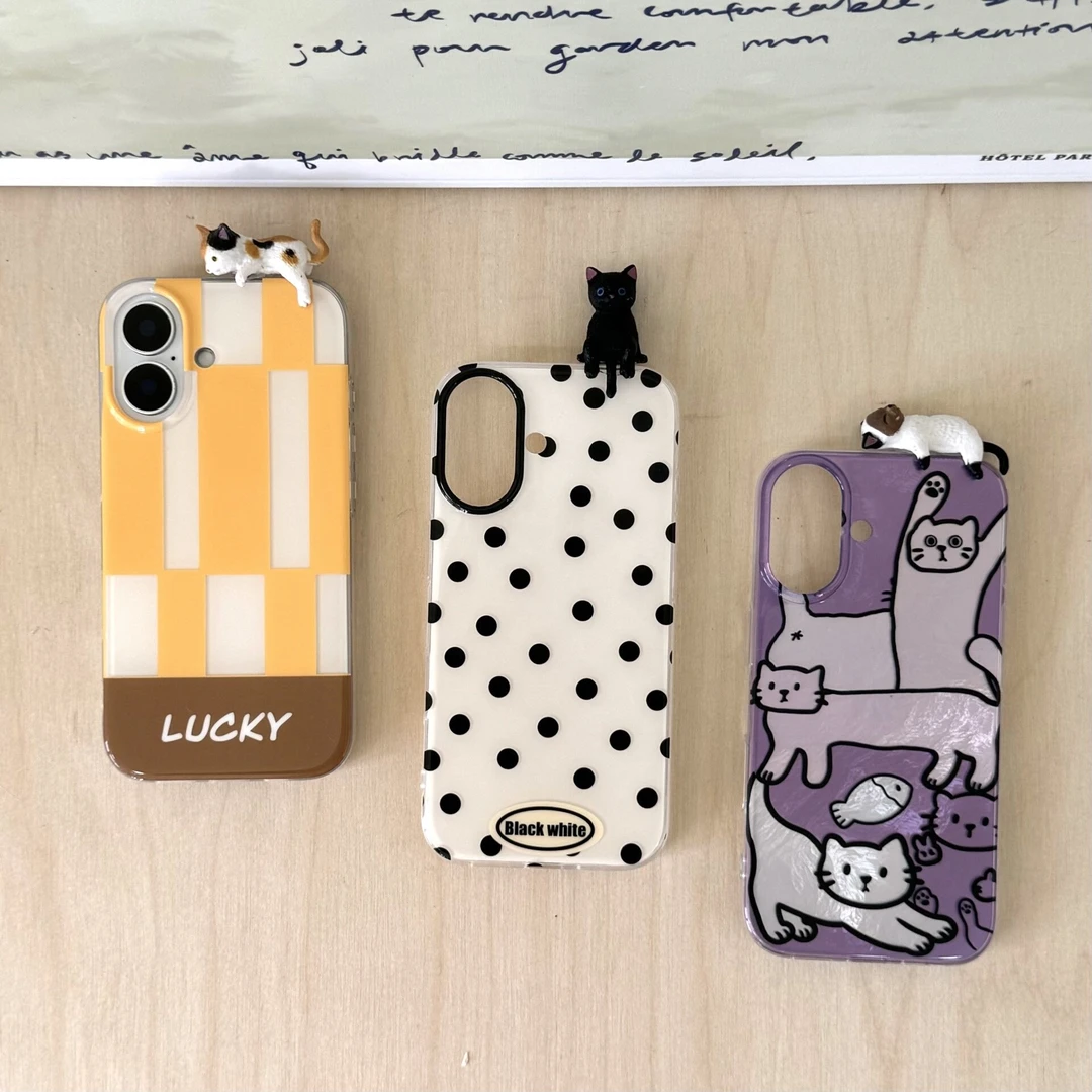 适用苹果华为12-16Promax双层覆膜黑色波点立体黑色猫咪手机壳