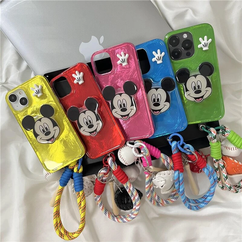 适用于苹果12-16Promax冰裂纹米奇支架棒球套手绳手机壳13/14/15