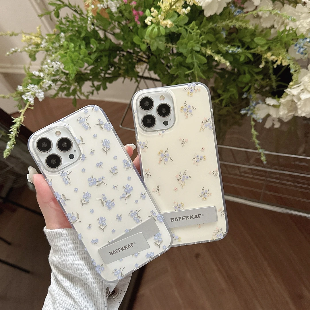苹果12-15Promax双面覆膜隐形支架蓝色碎花朵手机壳13/14pro/15