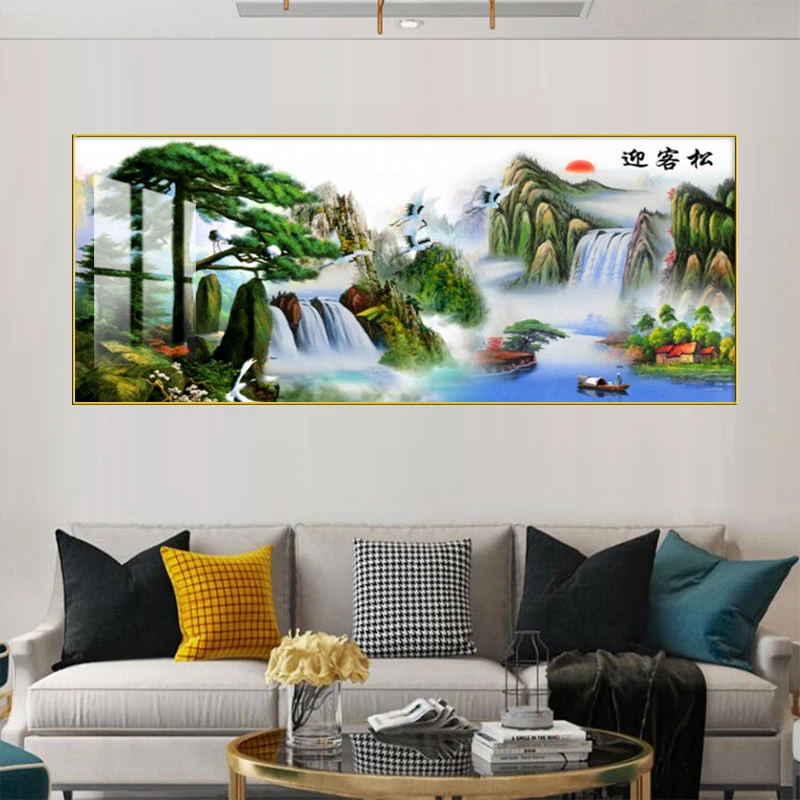 新中式迎客松山水画客厅办公室装饰挂画横版现代轻奢大气晶瓷画
