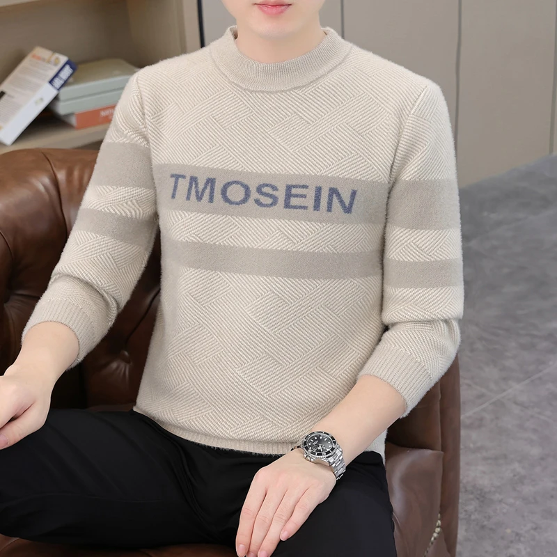 秋冬季时尚保暖毛衣针织打底衫毛衣男士内穿圆领加厚保暖毛线衣