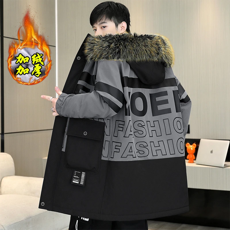 加绒加厚男士外套冬季夹克中长款风衣休闲帅气冬装派克服保暖棉服