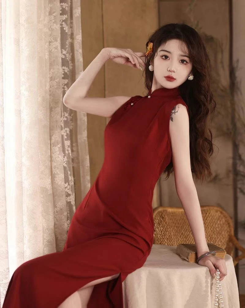 TQX新中式改良旗袍修身高端红色敬酒服订婚年轻款新娘旗袍裙