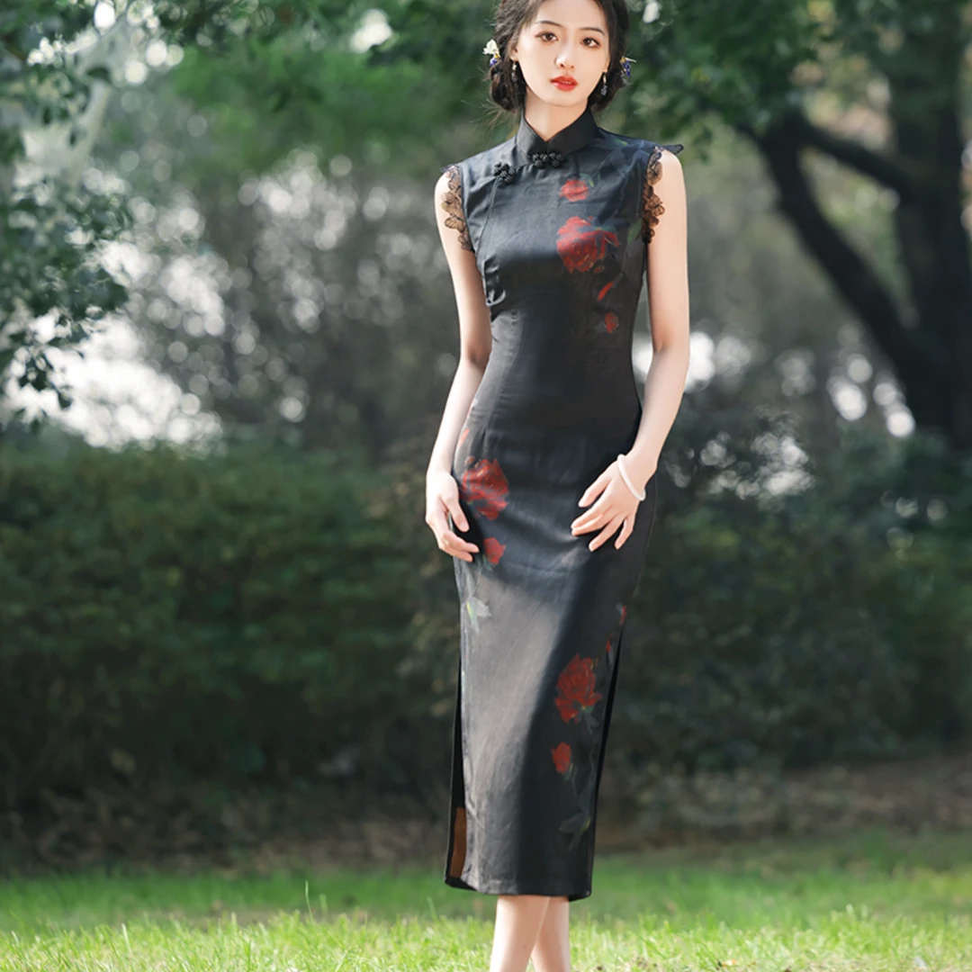 【9183】2024夏季新中式复古风显瘦定位印花黑色旗袍