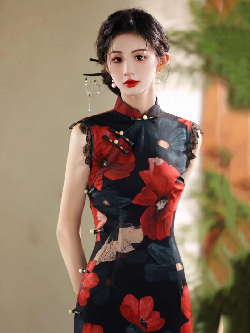 C复古花色优雅改良款优雅旗袍高端显瘦日常可穿