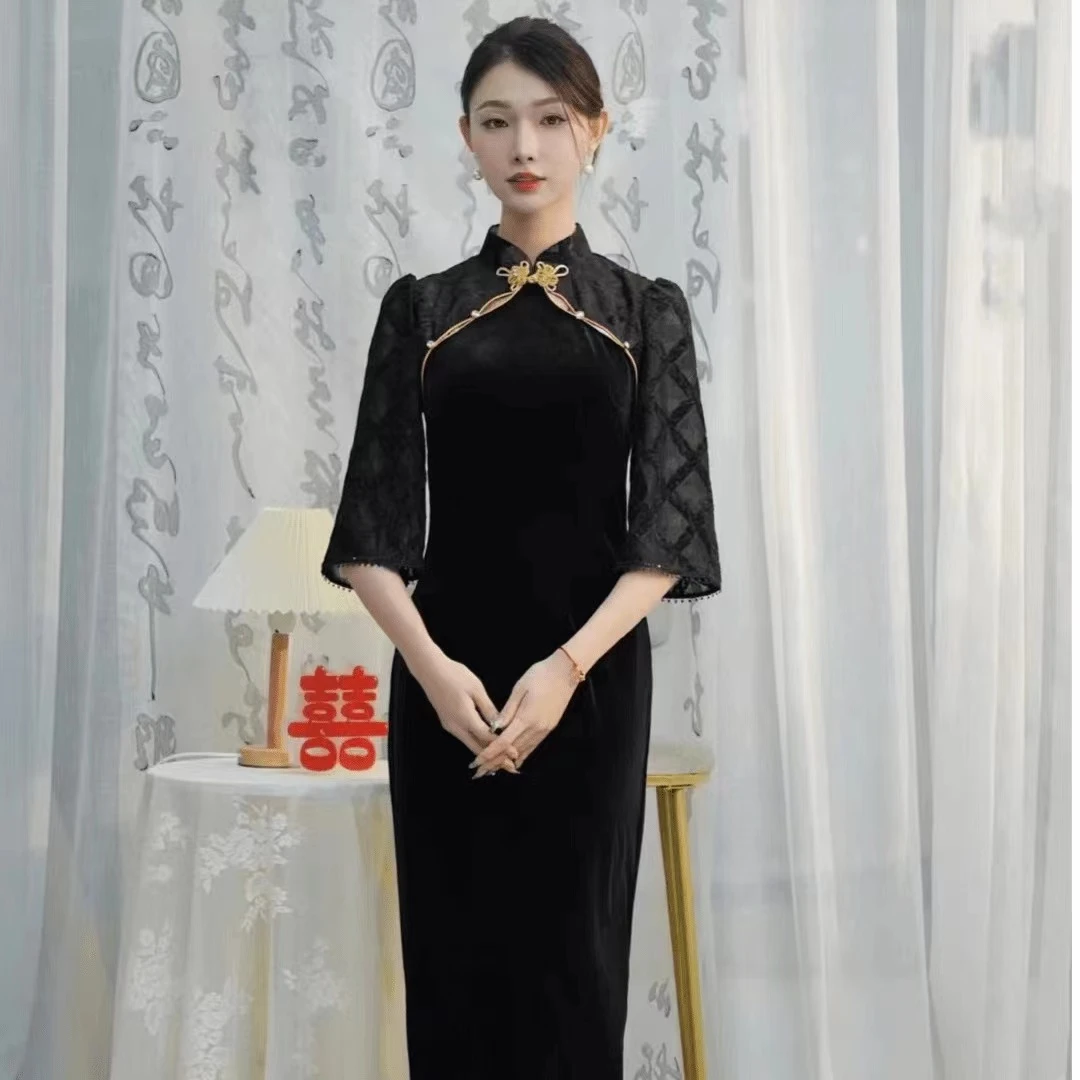 【暗香绒影]2023秋冬新款拼接花绒工艺改良古法双襟旗袍