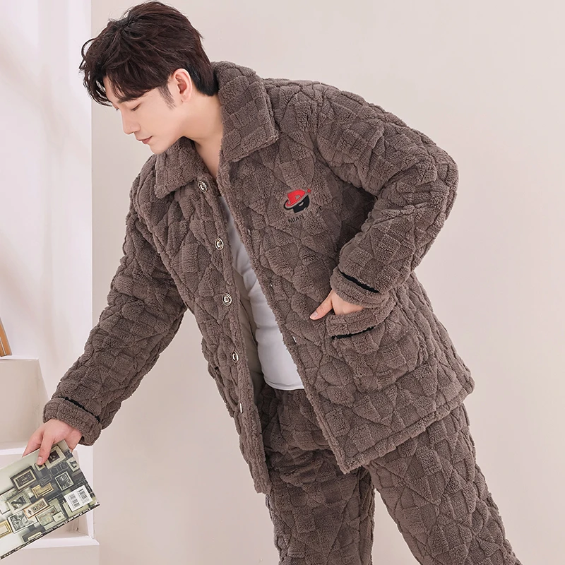睡衣男士冬天三层加厚超厚夹棉加绒珊瑚绒法兰绒家居服秋冬季套装