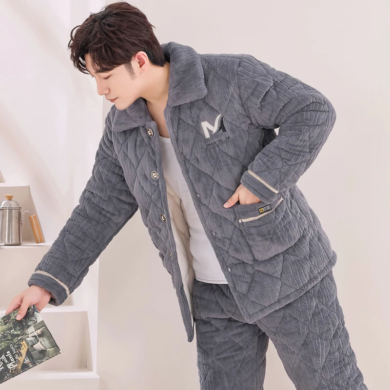冬款睡衣男士冬季加绒加厚珊瑚绒夹棉保暖冬天家居服套装秋冬季