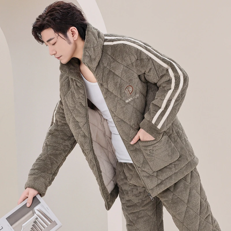 男士睡衣秋冬季三层珊瑚绒夹棉袄加厚加绒保暖时尚家居服套装冬款