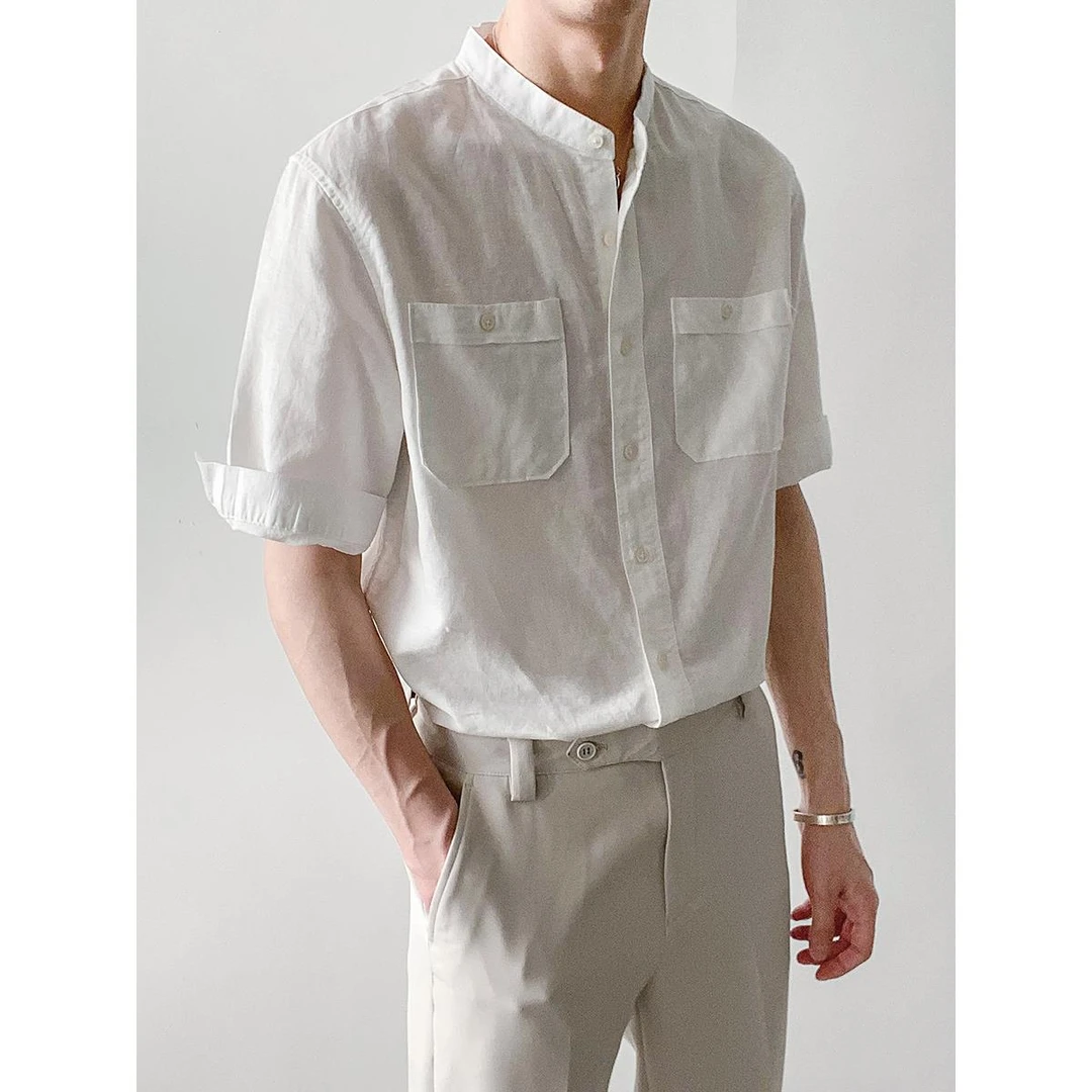 卓卓夏季韩版修身立领半袖五分短袖衬衫男生潮流百搭棉麻中袖衬衣