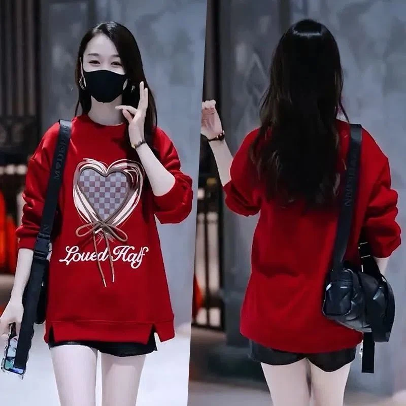 不起球中长款卫衣女秋冬加绒加厚新款韩版宽松圆领长袖设计感印花