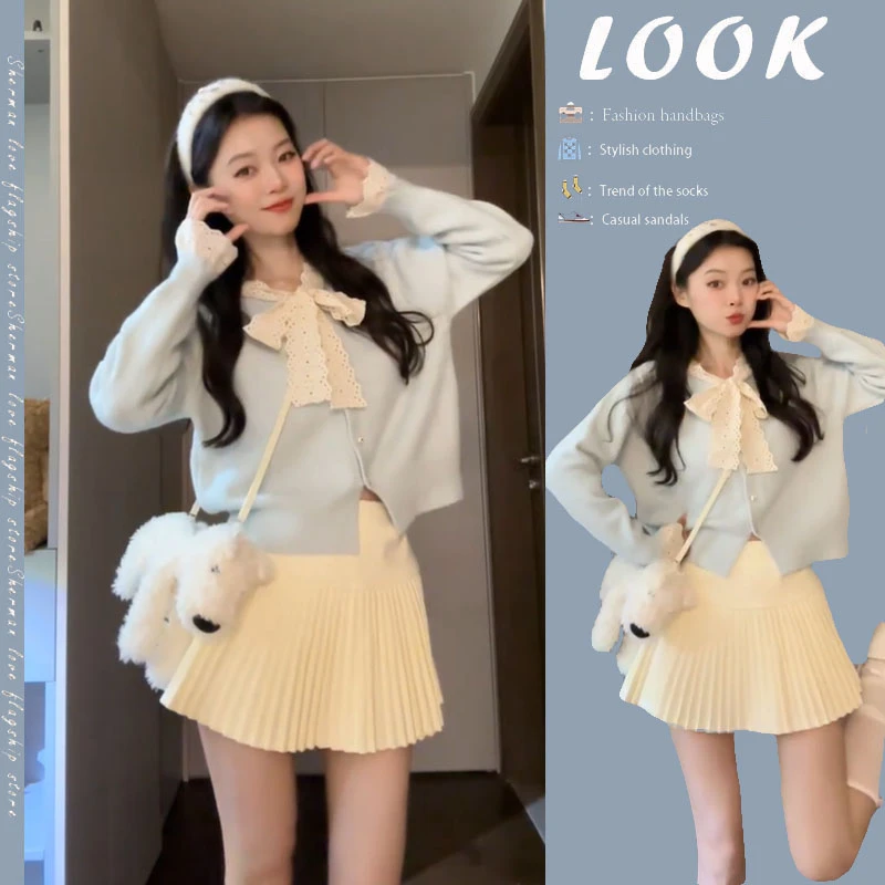 入秋一整套女装2024新款韩版甜美蕾丝花边显瘦针织衫百褶裙两件套