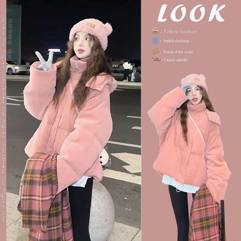 2024秋冬新款韩系减龄套装连帽保暖面包服外套加绒鲨鱼裤两件套装