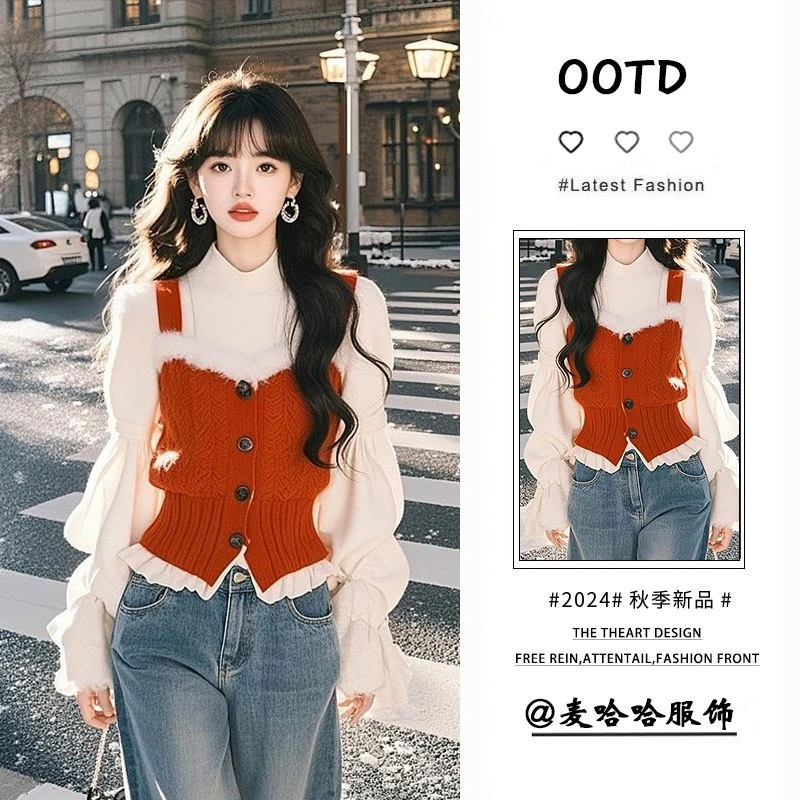 入秋一整套女装2024新款韩版红色短款假两件毛衣高腰牛仔裤两件套