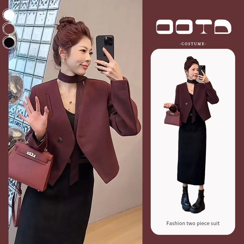 早秋时尚穿搭一整套女2024新款西装外套短款西服黑色连衣裙两件套