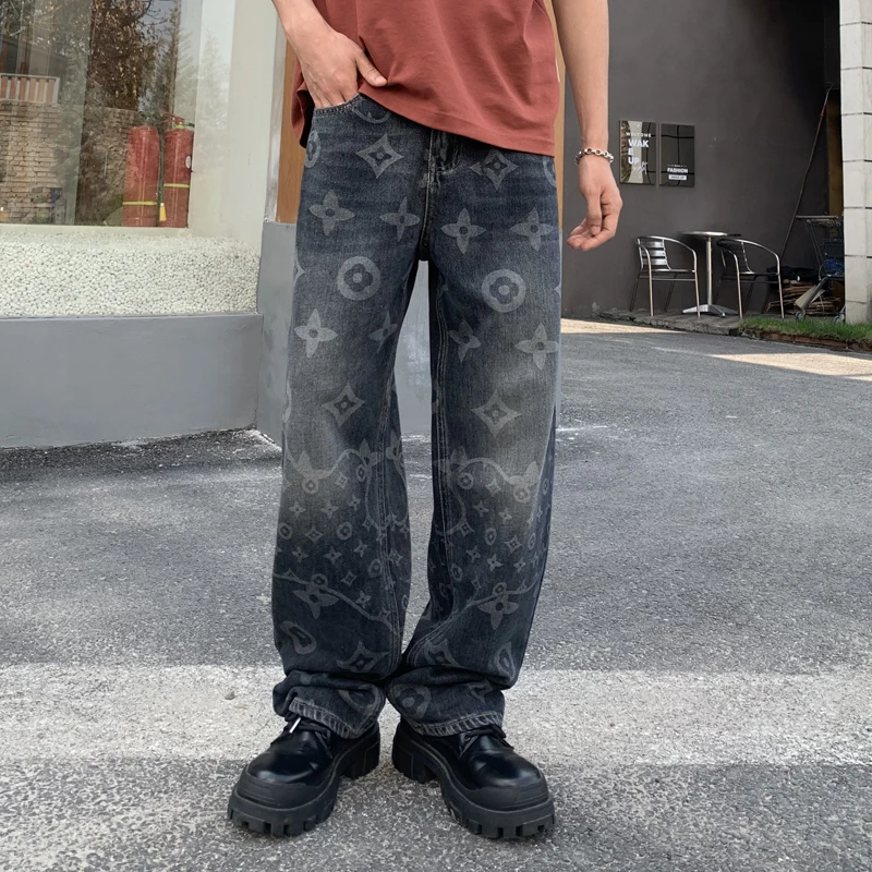 欧美高端潮牌轻奢印花阔腿牛仔裤男士宽松直筒垂感阔腿裤潮流个性