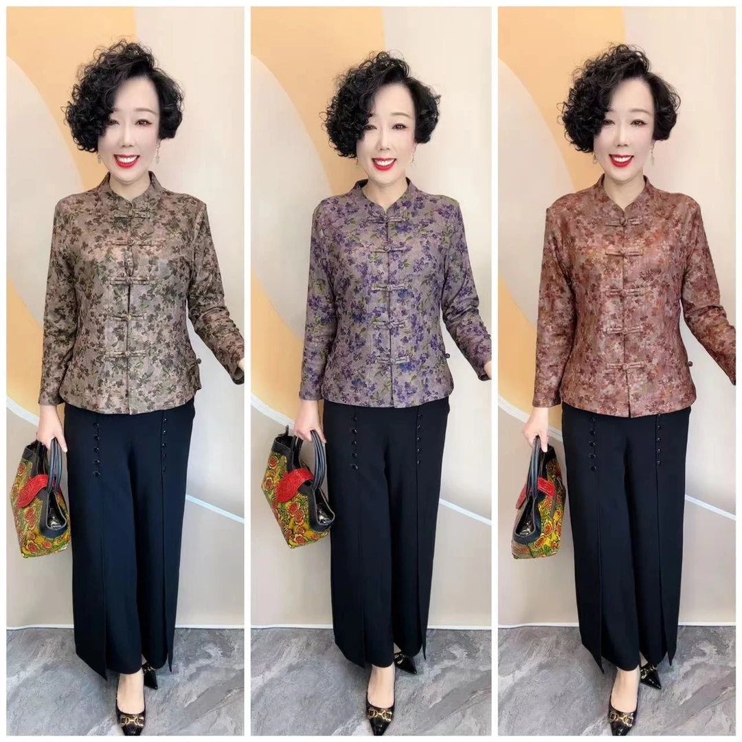 8551新品丁香花秋装新款复古宽松长袖大码中老年妈妈装开衫